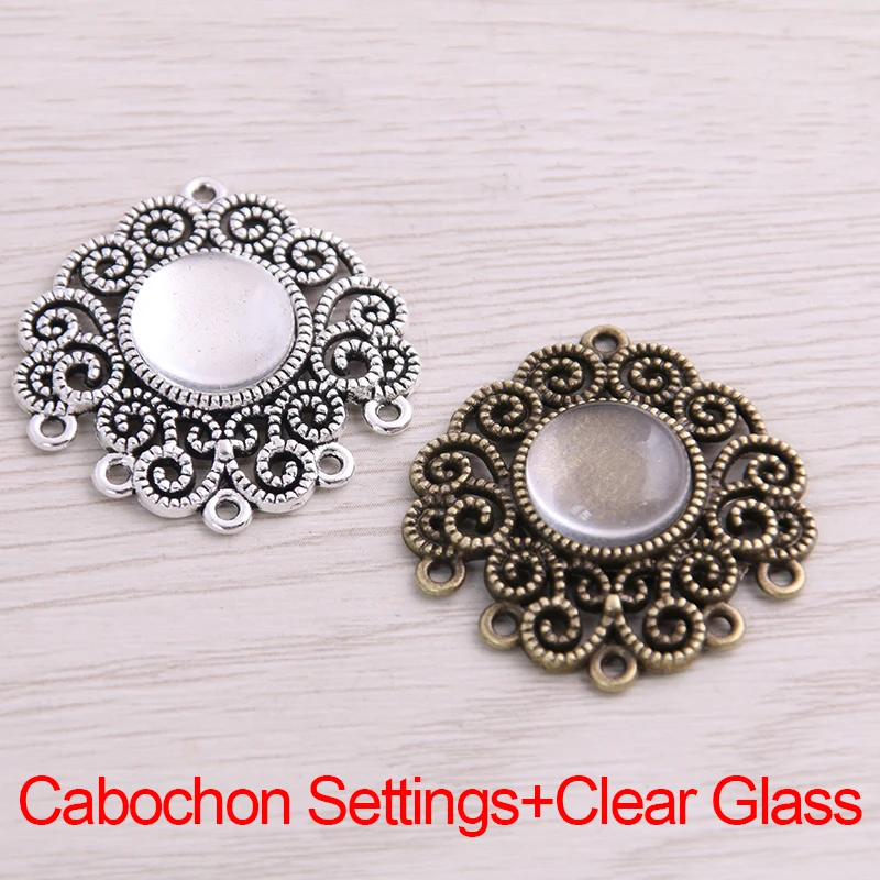 SWEET BELL 6pcs/lot 12mm Inner Size Two Color Fame Style Flowers Cabochon Connector + Glass Base Setting Charms Pendant