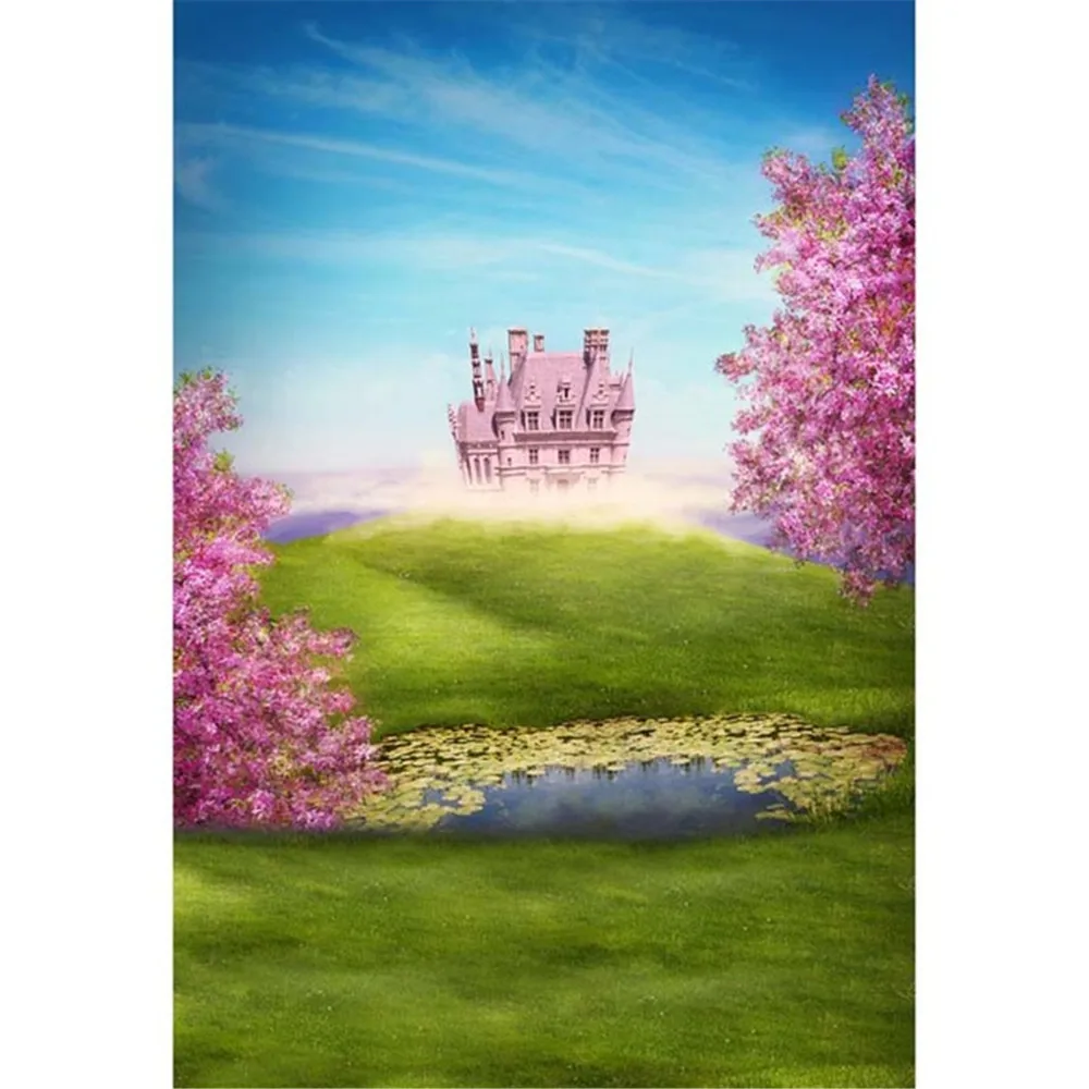 

Fairy Tale Wonderland Baby Photo Backdrop Blue Sky Pink Cherry Flower Trees Green Grassland Kids Castle Photography Backgrounds