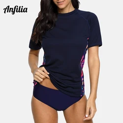 Anfilia damska z krótkim rękawem Rashguard kobiety szybkoschnący koszula kwiatowy Print wysypka Guard TUPF 50 + Surfing Top do biegania jazda na rowerze koszula