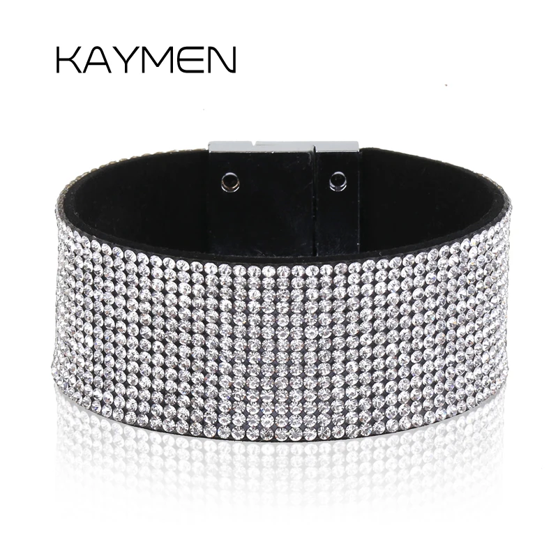 KAYMEN Fashion Full Rhinestones with Magnet Statement Crystals Bracelet for Girls Silver Plating Bohemia Costume Jewelry