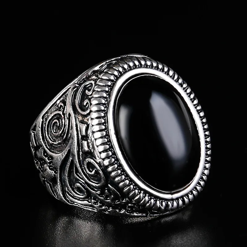 Fashion Flower Band Oval Natural Stone Ring Men Vintage Look Antique Silver Color Rings For Women Jewelry Party Gift Ring 31059