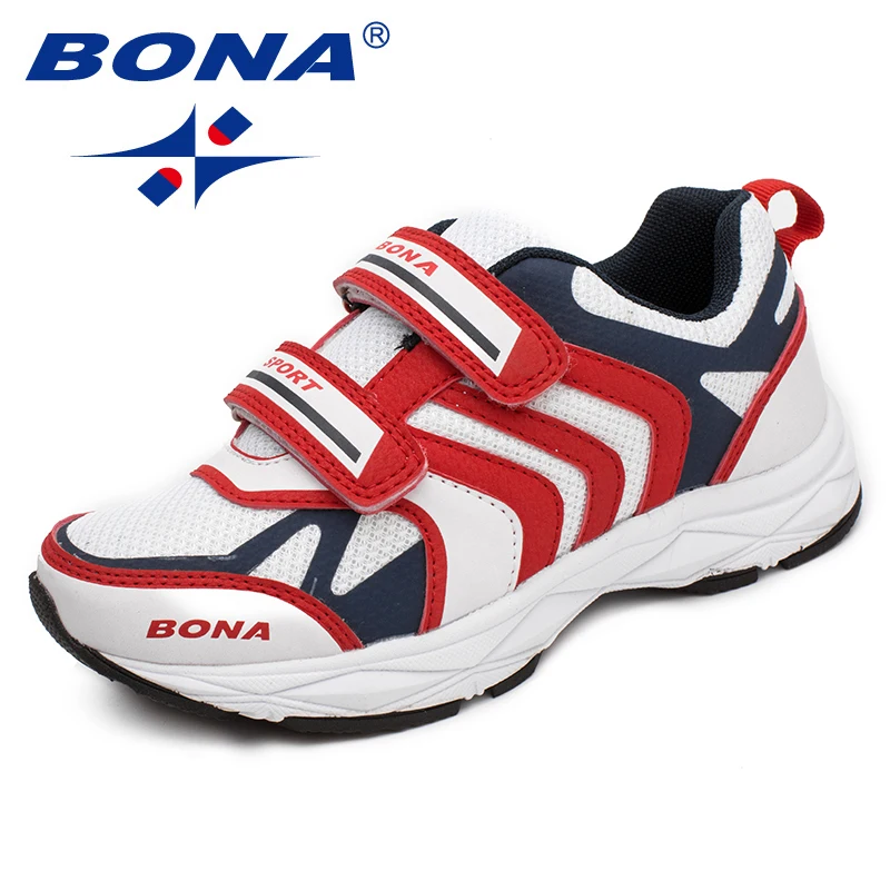 Bona mocassins infantis casuais de malha, novo estilo fashion com gancho e laço, sapatilhas para meninos e meninas, tênis confortáveis ao ar livre