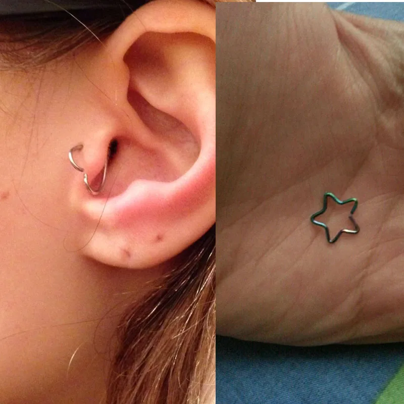 2Pcs Heart/Star Shaped Fake Tragus Piercings Hoop Helix Cartilage Tragus Daith Ear Studs Lip Nose Rings Silver Jewelry