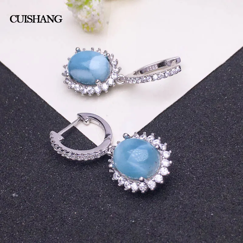 CSJ Naturale Larimar Orecchino in Argento Sterling 925 Blu di Pietra 8*10 di Nozze Festa di Fidanzamento per Le Donne Delle Ragazze Delle Signore