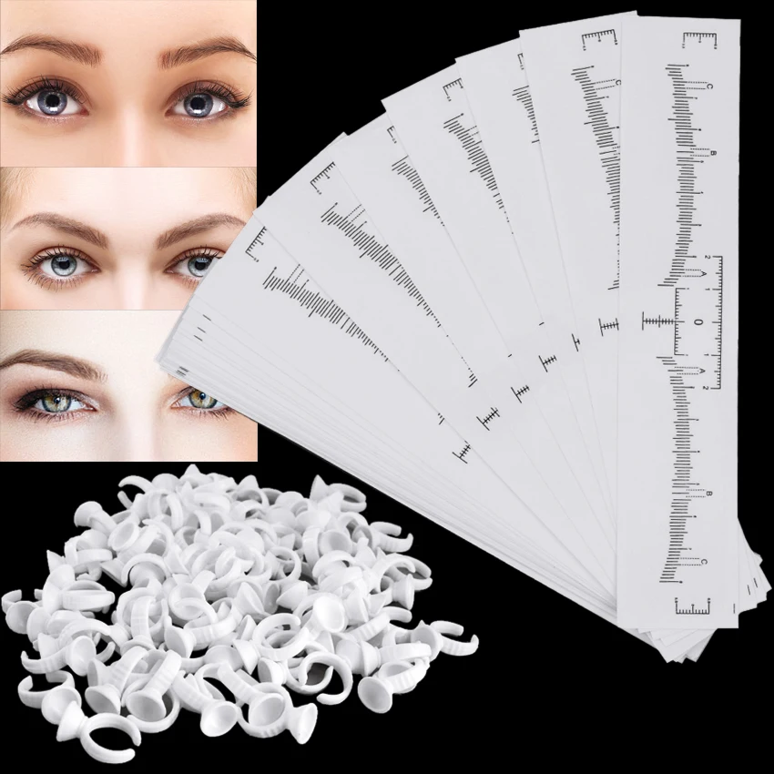 Eyebrow Stickers 50Pcs with 100Pcs Ink Cups Ring Eyebrow Permanent Makeup Microblading Beauty Shaping Measure Template Tools