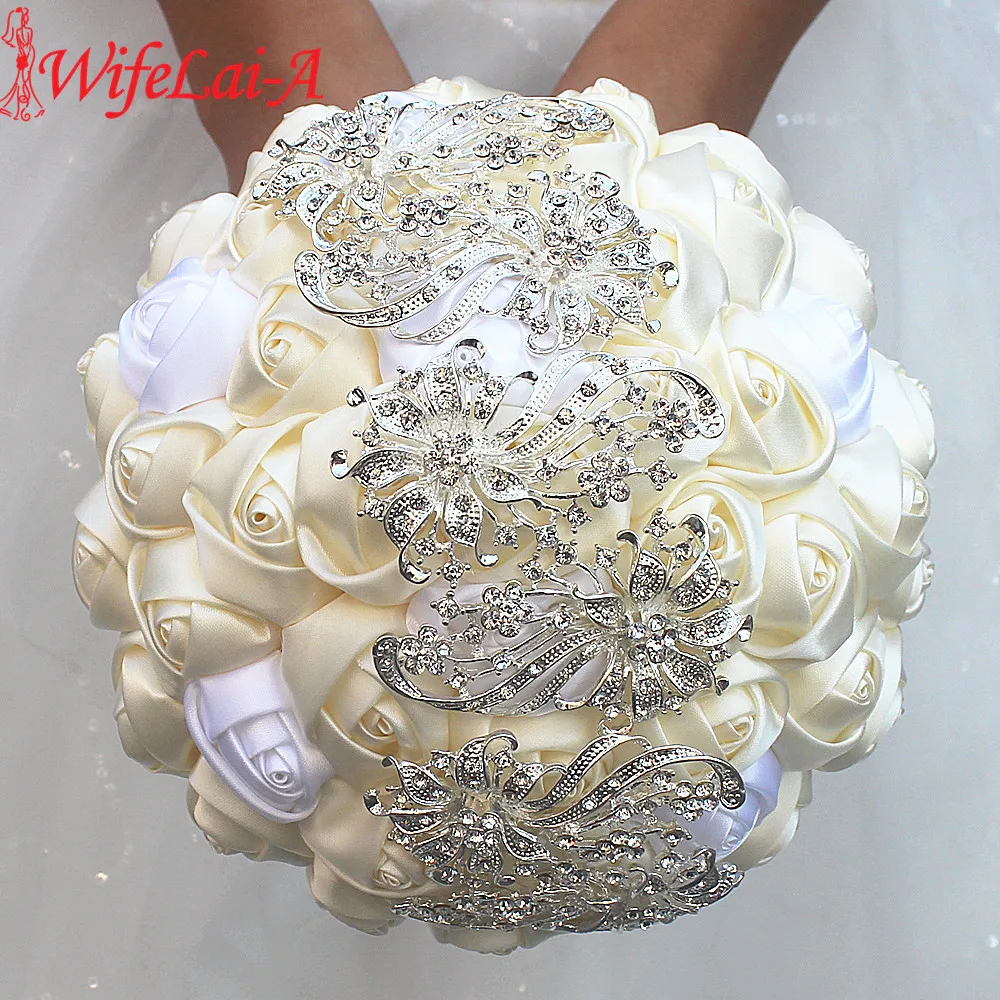 100% Top Quality Bridal Bouquet Ivory Cream Flower Diamond Brooch Wedding Bouquet Crystal Stitch Bouquets Welcome Custom W250