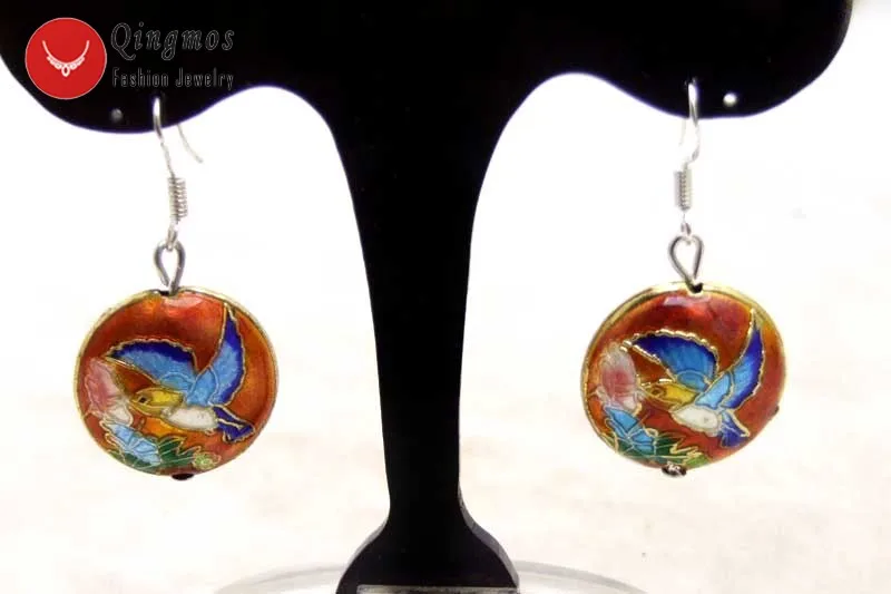 

Qingmos 18mm Round Coin Red China Cloisonne Earring for Women with Hummingbird Beads Dangle Earring Fine Jewelry Hook ear585