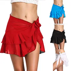 Women Summer Sexy Bikini Cover up Elastic Waist Solid See Through Beach Style Sarong Wrap Pareo Skirt Swimsuit