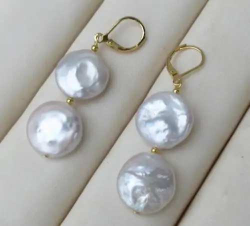 PAIR OF 17-18MM SOUTH SEA AAA++ WHITE COIN PEARL DANGLE BAROQUE EARRING 14k/20 GOL