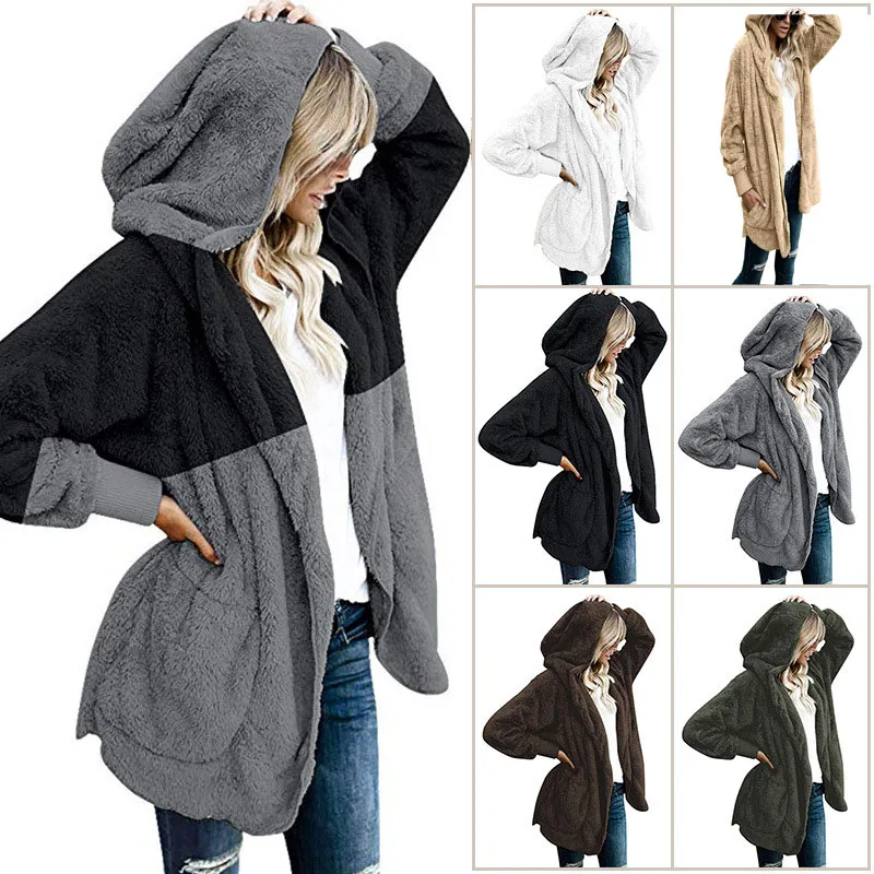 Inverno lã camisola sherpa velo com capuz oversized longo cardigan teddy fofo outono inverno quente usar camisolas femininas