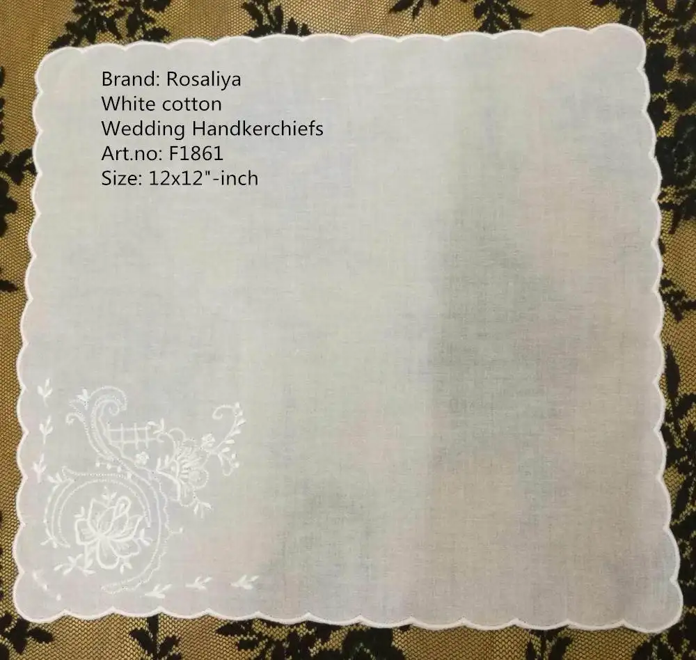 Set of 12 Fashion White Cotton Ladies Handkerchiefs 12-inch Women Hanky with scallooed Edges & embroidered Floral Wedding hankie