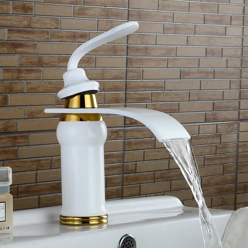 Gold Basin Faucet Solid Brass Waterfall Bathroom Sink Mixer Big Square Spout Tap Torneira Banheiro WF-9273