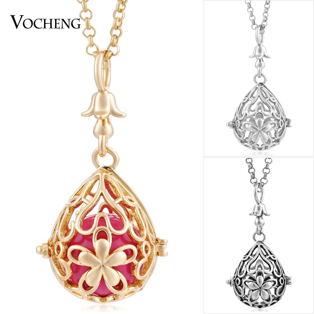 

10pcs/lot Vocheng Mexican Chime Necklace Perfume Locket 3 Colors Copper Flower Drop with Stainless Steel Chain VA-232*10