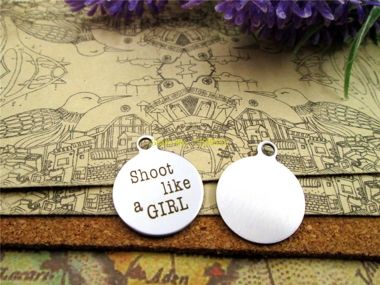 

20pcs--20mm stainless steel circle round " shoot like a girl " one side DIY Charms Pendants