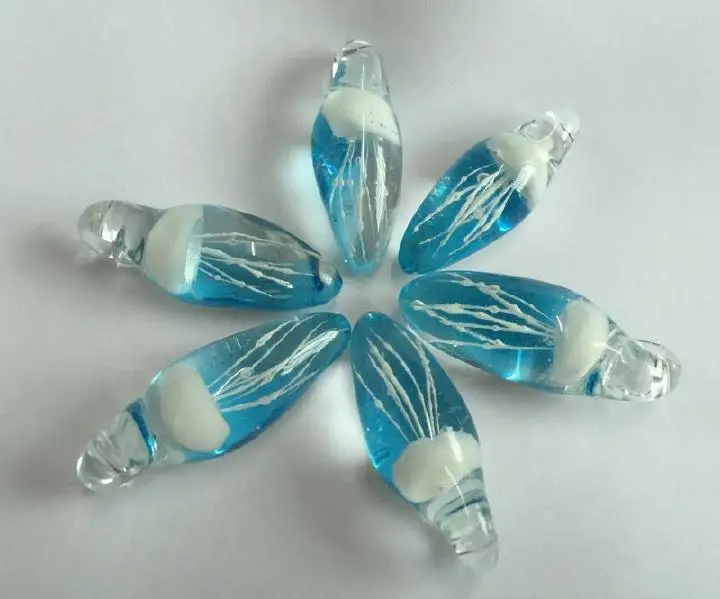 6 PCS handcraft Jellyfish Hand Blown WHITE SEA LIFE JELLY FISH BLUE GLASS PENDANT NEW