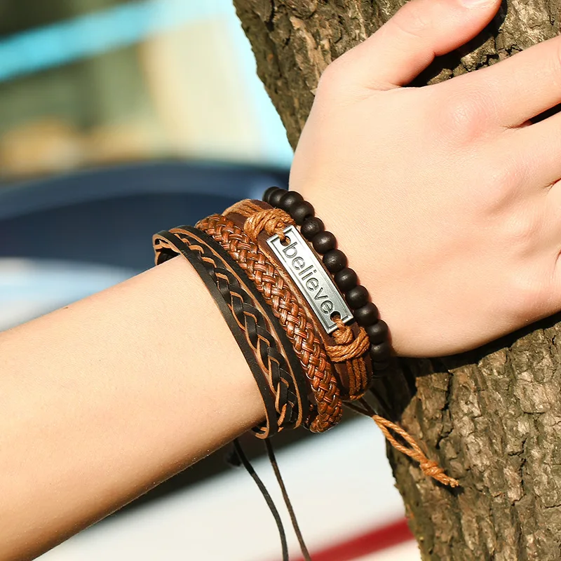 4pcs/ Set Black Believe Bracelets for Men Bangle Adjustable Length Bohemia Holiday Male Jewelry Punk