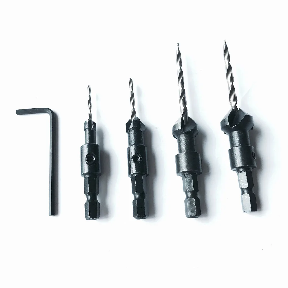 Venta de costos de alta calidad 4 piezas 6 # 10 # 13 # 16 # Kit de brocas avellanadoras de sierra de vástago hexagonal de 1/4" de cambio rápido + llave