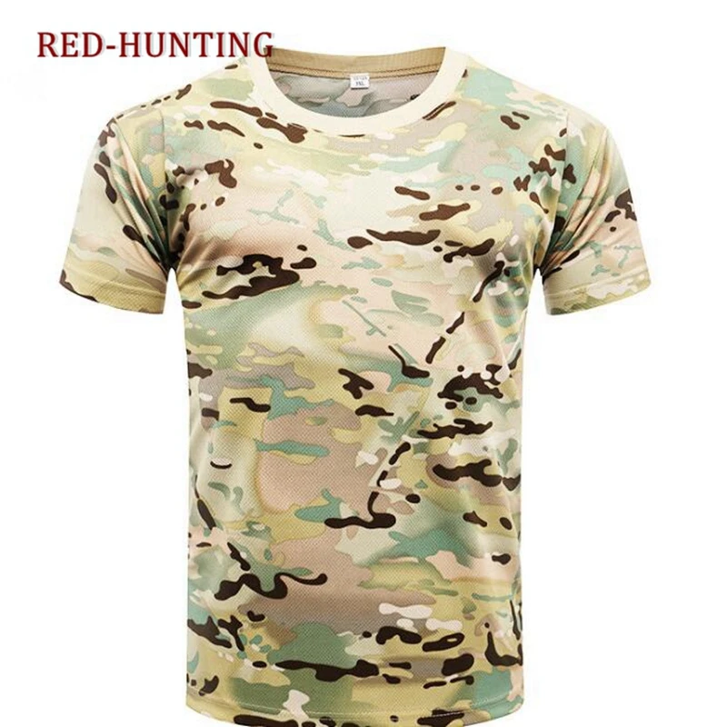 Men\'s Camo Soft Combat Tactical Shirt Short Sleeve Quick Dry T-Shirt Camouflage Outdoor Hunting Shirts Military Army T Shirt