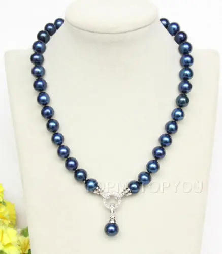 

Hot sell - 17" 12mm round blue shell pearls +14mm pendant necklace -Top quality free shipping