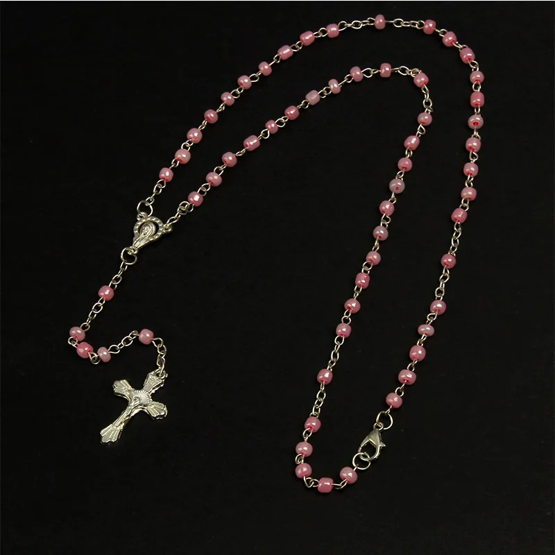 Small 4mm Glass Rosary Necklace with Gold Beads and Heart Shaped Pendant Chain with Cross Christian Church Prayer Ornaments - view 3