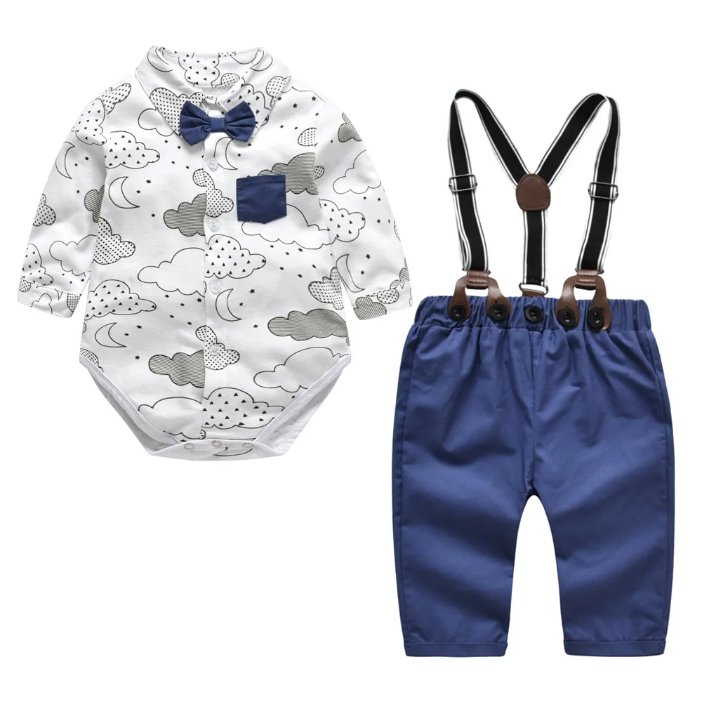 Children Spring/autumn Suit  Baby Boys Clothing Set 2 Pieces Shirt+baby Overall Blue Pants +white T-shirt New Born Baby Clothes