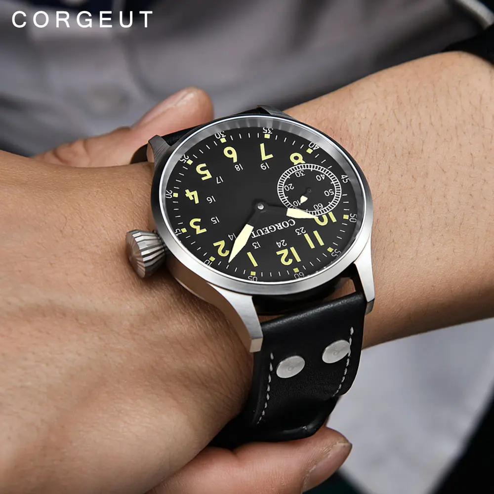 44mm Corgeut Mechanical Watch for Men Hand Winding Movement Asia 6497 ST3600 Leather Strap Sapphire Crystal Luminous Dial Hands