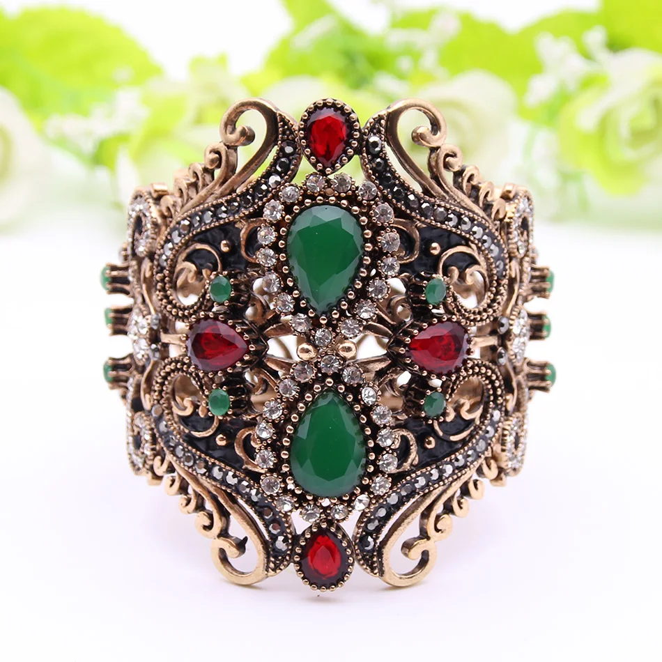 Sunspicems Retro Vintage Indian Wide Flower Bangle Cuff Women Antique Gold Color Spring Bangles Bracelet Turkish Wedding Bijoux