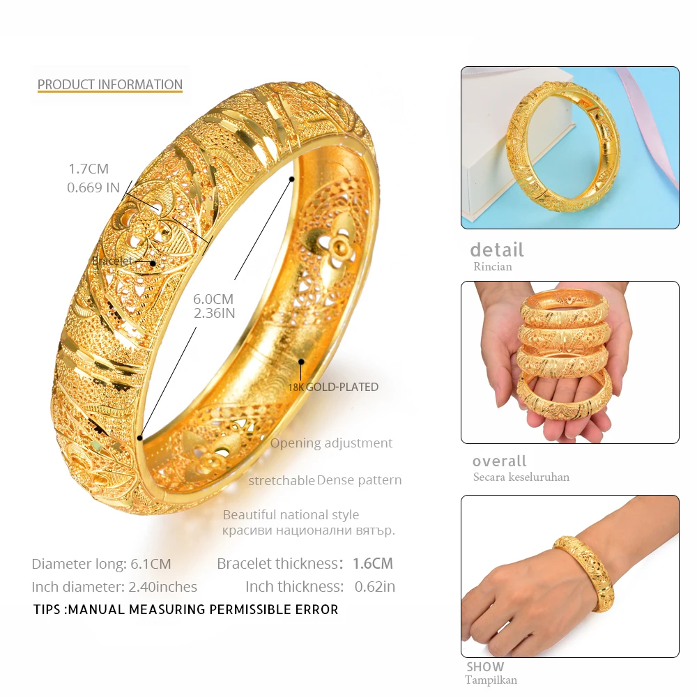 wide Gold Color Ethiopian Bangles for Women Gold Color Dubai Wedding Gift Bracelet African Arab Bonzer Jewelry wb152