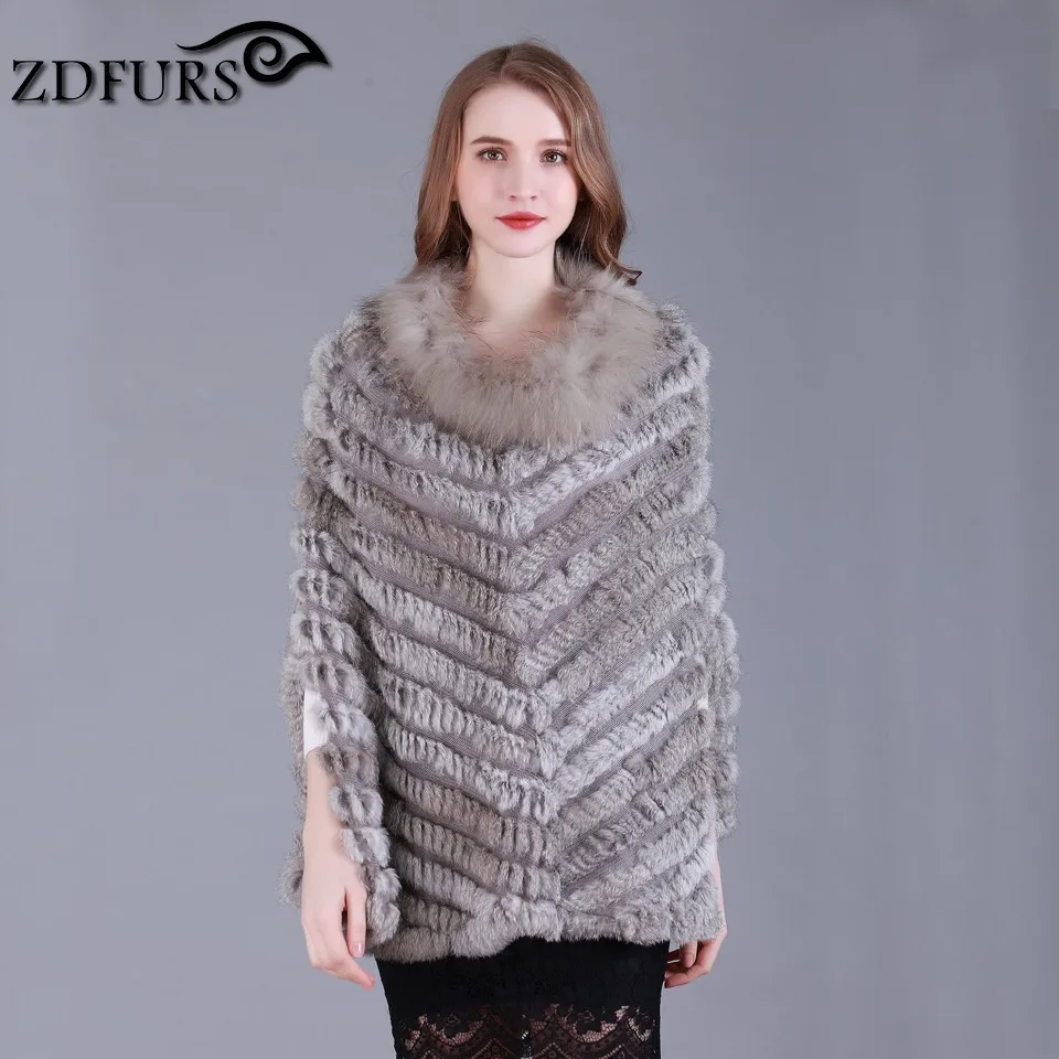 ZDFURS * new fashion real knited rabbit fur Shawl poncho stole shrug cape robe tippet amice wrap raccoon fur collar