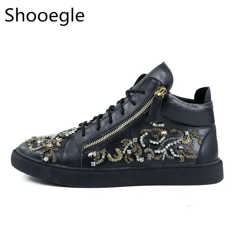 Fashion Men Crystal Stud Flats String Beading Embroidery Sneakers Lace up Men Runway Chaussures Hommes