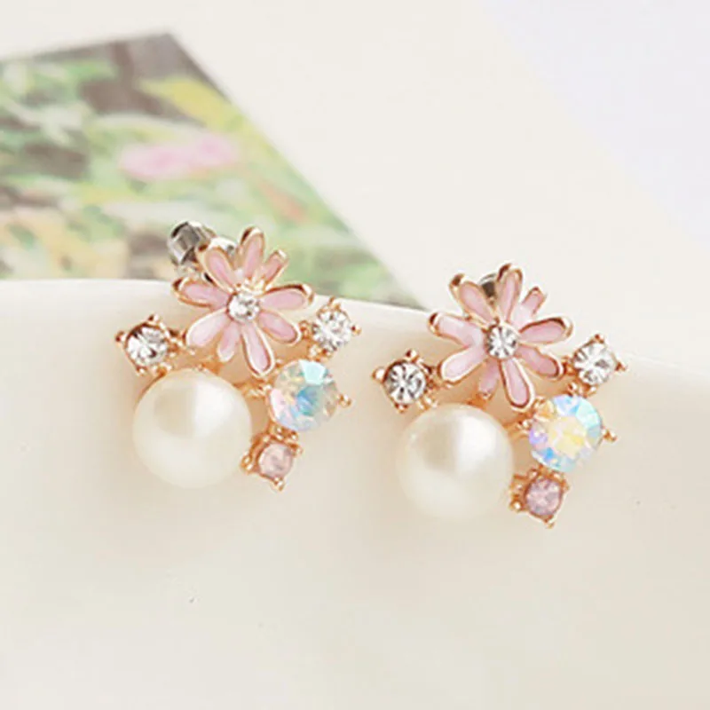 JIOFREE Flower style women\'s pearl earrings clips plated gold clip on earrings crystal ear clip without pierced high quality