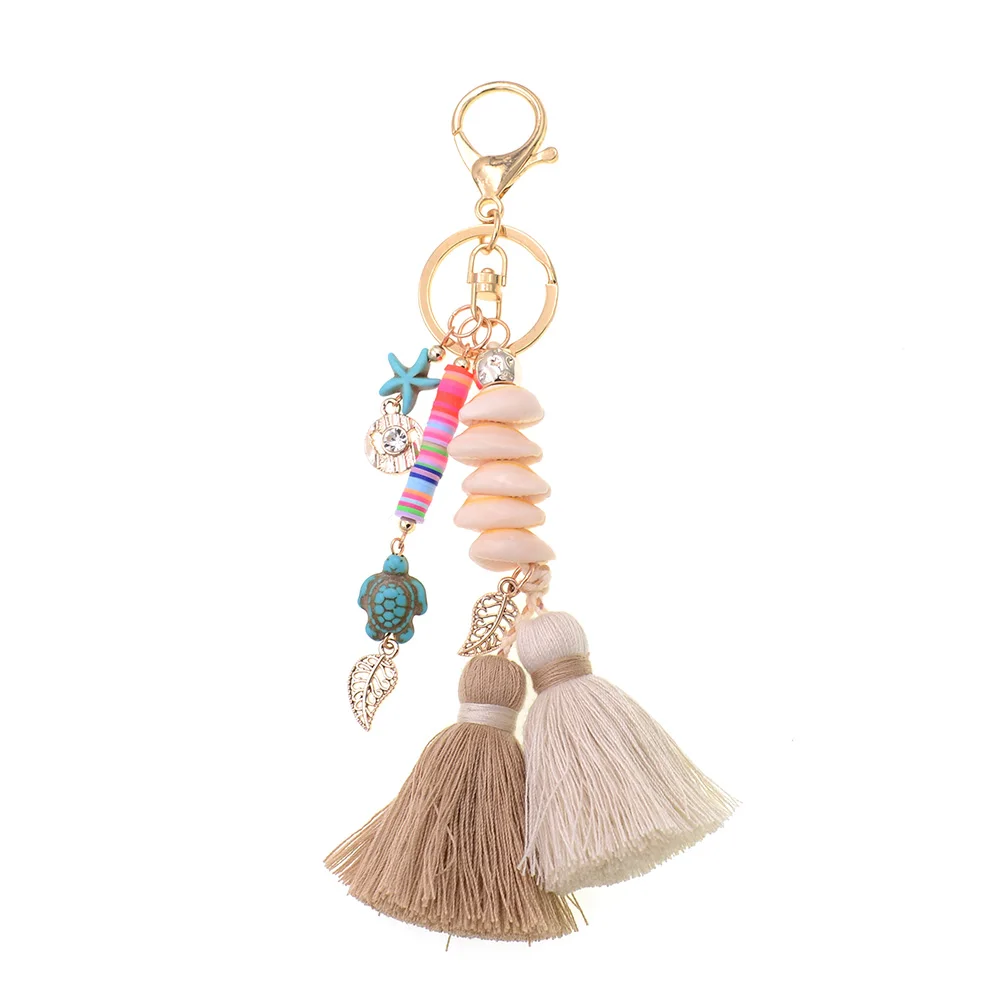 WELLMORE BOHO style keychain shandmade shell with long tassel alloy Key Chain For Women Girl Bag Keychain