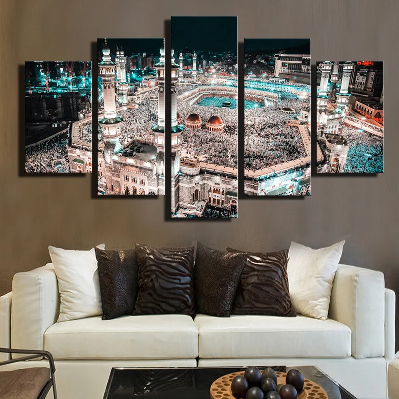 

5Panel Print Islam Mecca Sacred Mosque Night Landscape on Canvas Religious Architecture Wall Modular Painting for Living Room