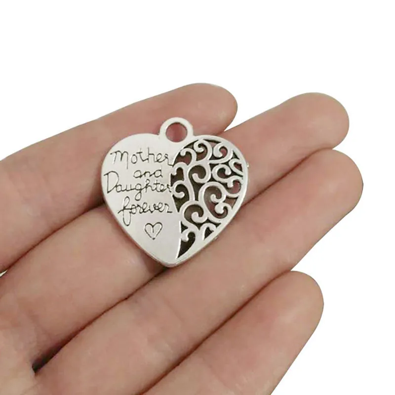 10 x Double Sided Engraved Mother And Daughter Forever Heart Charms Pendants For DIY Necklace Jewelry Making Accessories 28x29mm