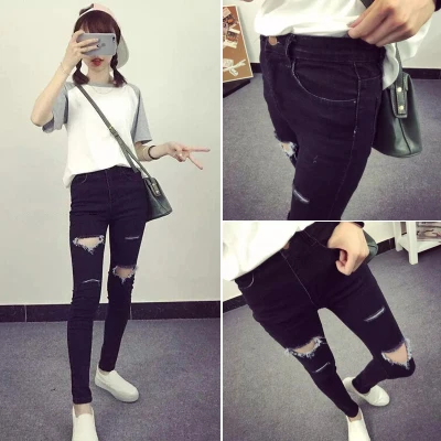 2017 Spring summer the new women's South Korea show thin loose black hole jeans female foot trousers