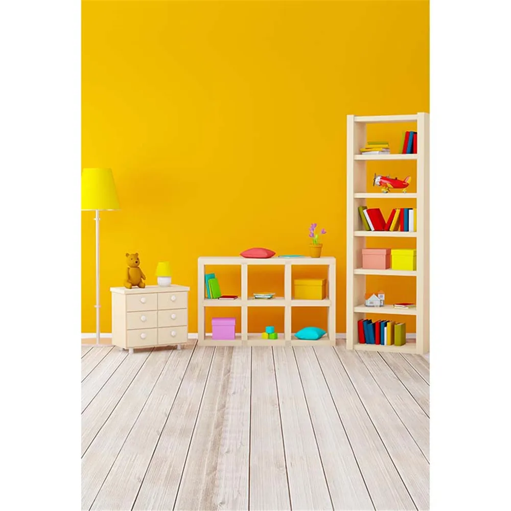 Indoor Baby's Room Photography Background Solid Yellow Color Wall Printed Drawers Books Bookshelf Kids Photo Backdrop Wood Floor