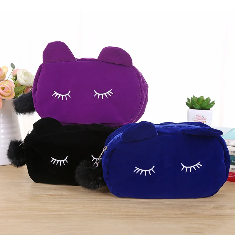 Fashion Kawaii Velvet Cat Pencilcase Fur Ball Zipper Pencil Case School Office Supply Student Stationery Woman Makeup Hand Bag