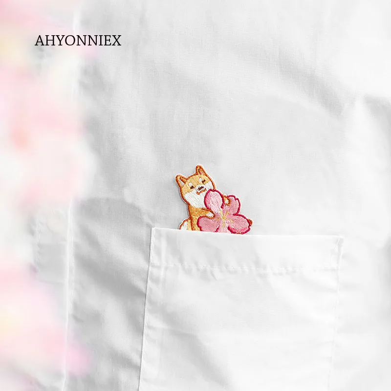 AHYONNIEX 1PC Cherry Flower Embroidery Patches for Bag Jeans Shiba Cat Rabbit Iron On Patches for Clothes Small DIY Patch Cute