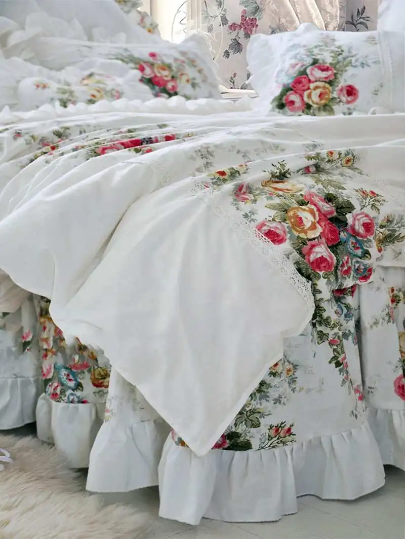 Imagem -04 - Conjunto de Cama Princesa em Renda Estilo Coreano 100 Algodão Estampa de Flores Brancas Babados Colcha Saia e Fronhas Luxo