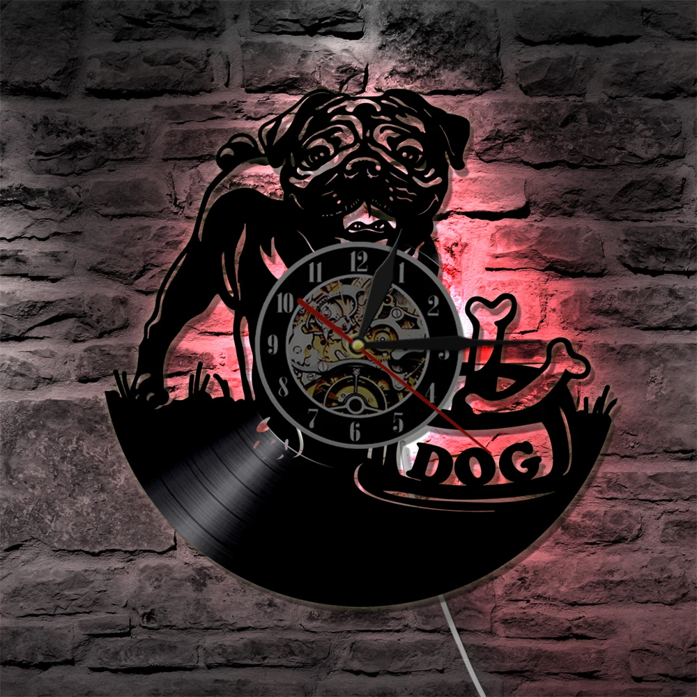 Cute English Bulldog Modern LED Hanging Lamp Pug Dog Puppy Animal Wall Watch Decorative Lighting Vinyl Record Wall Clock