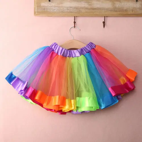 Girls Kids Petticoat Rainbow Mesh Multi-Layer Elastic Waist Pettiskirt Bowknot Skirt Tutu Skirt Dancewear 0-8Y