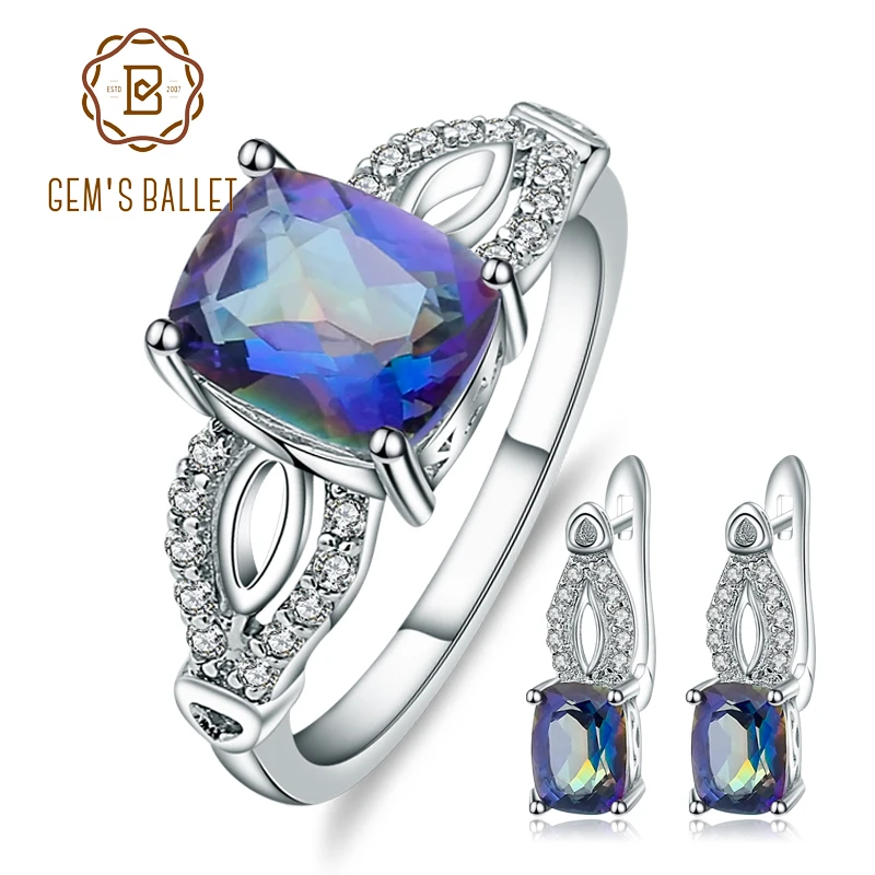 

GEM'S BALLET New 5.98Ct Natural Blueish Mystic Quartz Jewelry Sets For Women Wedding Pure 925 Sterling Silver Earrings Ring Set