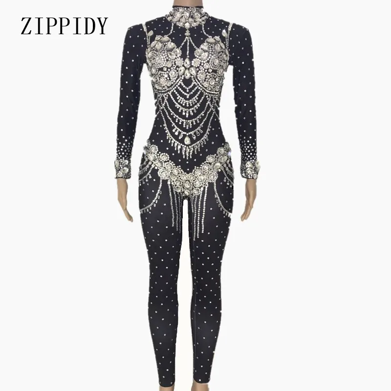 Shining Crystals Black Jumpsuit Women\'s Evening Wear Celebrate Bodysuit Bright Rhinestones Costume Female Singer Birthday Outfit