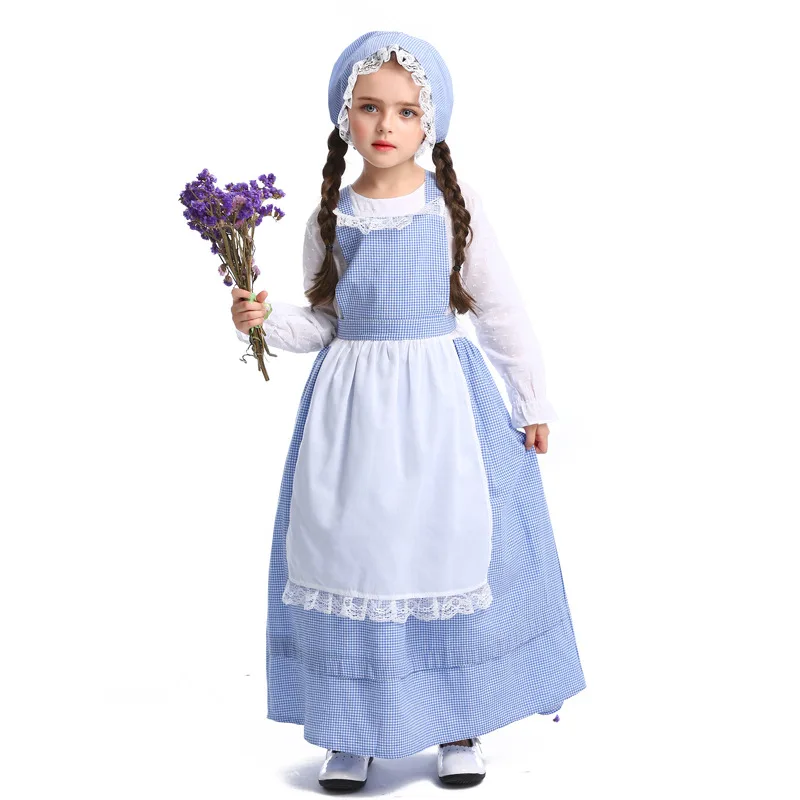 Girl Japanese Cosplay Costume Kids Belle Maid Sailor Lolita Dress Plaid Lace Blue/ Girls Halloween Costume Free Headwear