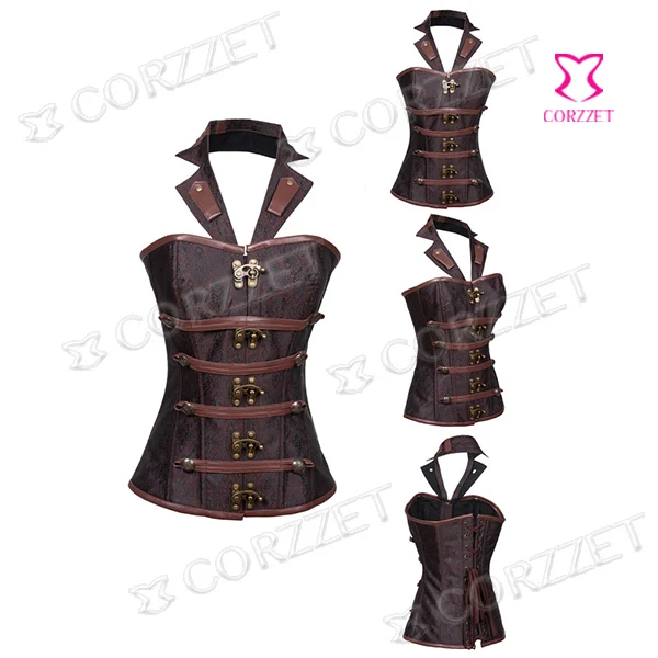 

Women Latex Waist Trainer Gothic Steampunk Brown Vintage Halter-neck Overbust Push Up Steel Boned Sexy Corsets And Bustiers Top