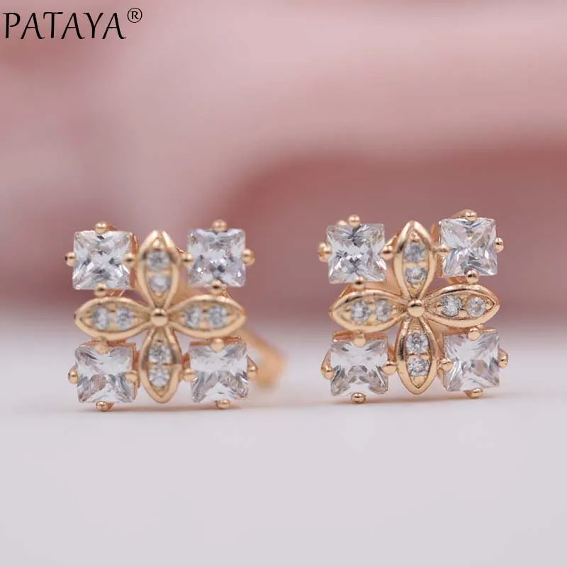PATAYA New Arrivals Women Square Luxury 585 Rose Gold Color Blue Natural Zircon  Earrings Wedding Jewelry Bridal Party Earrings