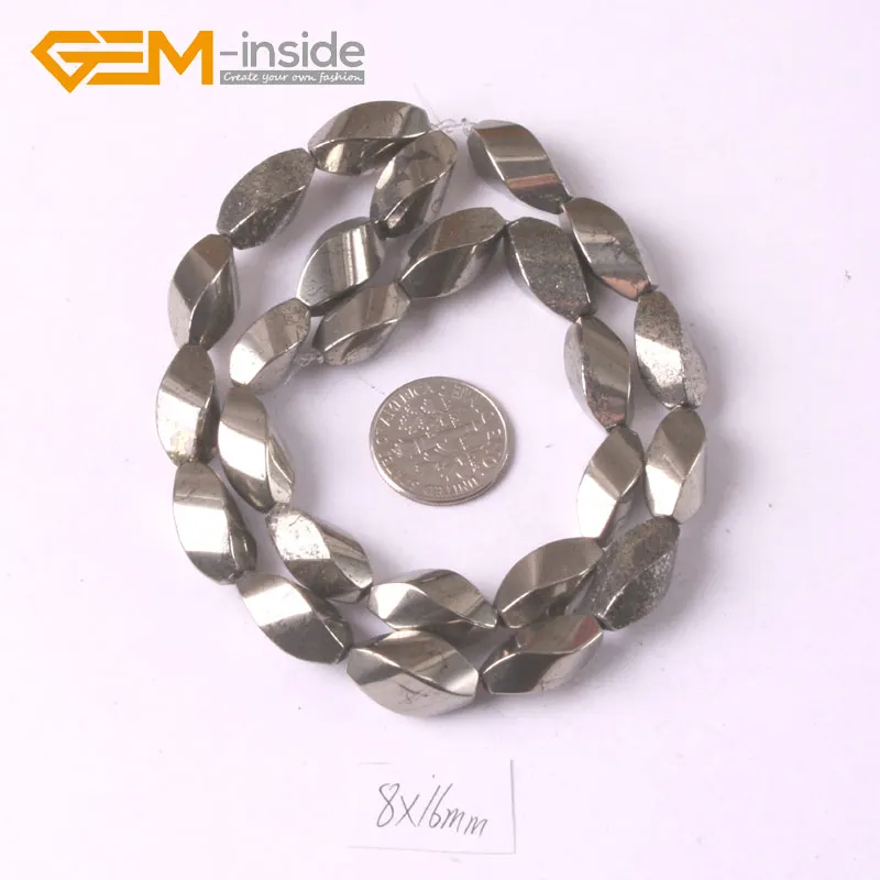 8x16mm Natural Gray Pyrite Gem stone Twist Beads For Jewelry Making Strand 15