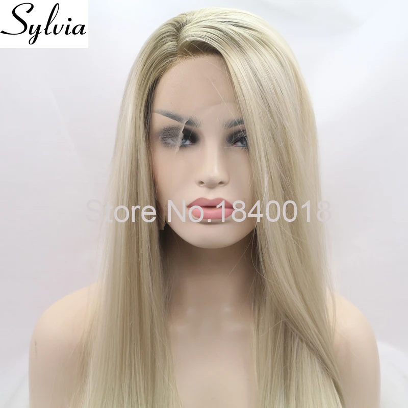 Sylvia Brown/Blonde Ombre Synthetic Lace Front Wig Long Silky Straight Wigs with Brown Roots Side Parting Heat Resistant Fiber