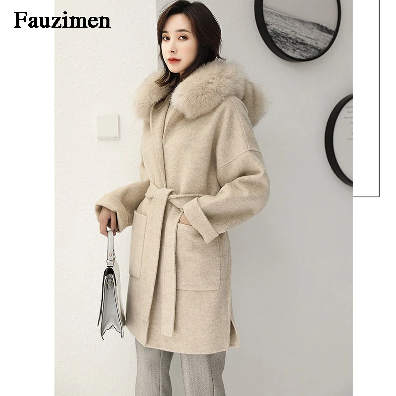 Cashmere Jacket Women Ladies Hand Made Women Fox Fur Collar Wool Coat Casual Winter Wool Jacket Woolen Overcoat Cashmere Coat