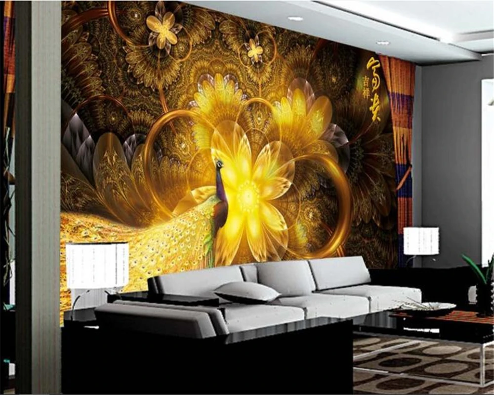 beibehang Custom fashion personality wallpaper rich auspicious beautiful golden peacock background wall wallpaper for walls 3 d